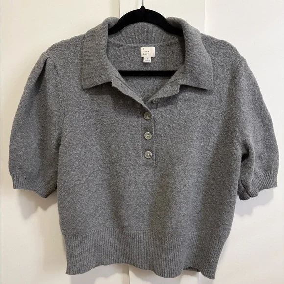 A New Day Polo Knit Top Sweater Gray Short Puff Sleeve Soft Target Academia L - Picture 3 of 8